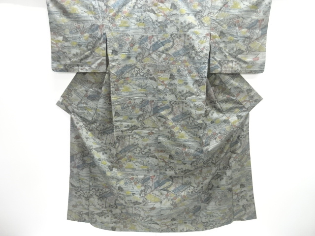 屋敷に草花模様手織り紬単衣着物